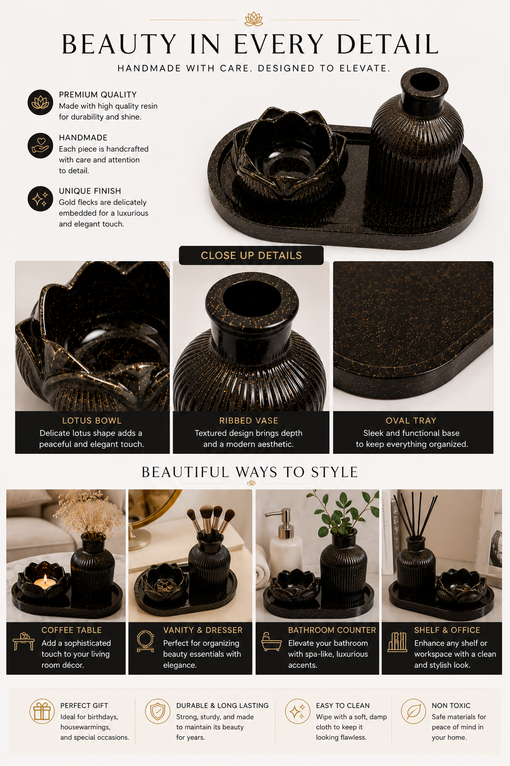 Black Obsidian Luxury Décor Set | Candle, Vase & Tray