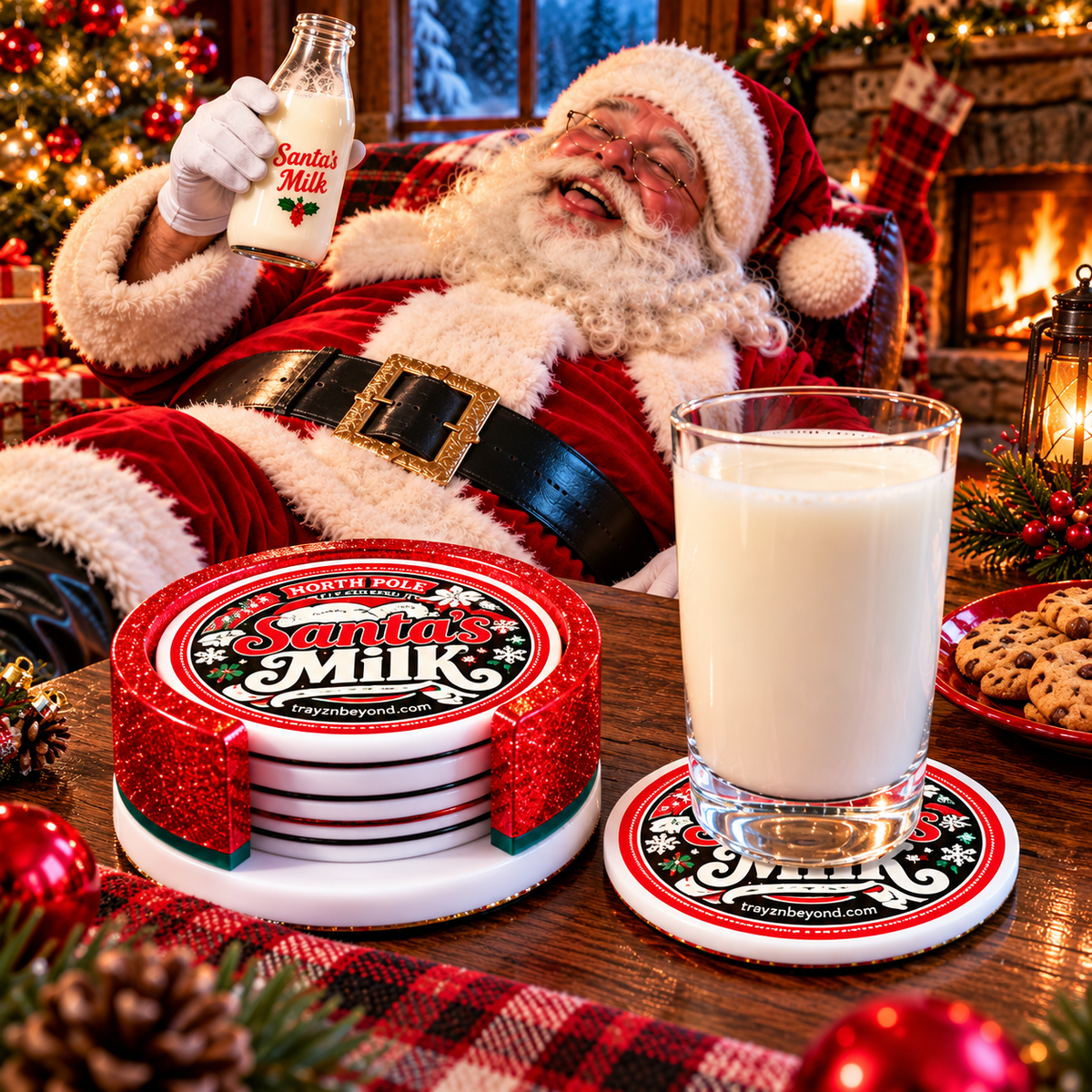 Santa’s Milk Christmas Coaster Set with Holder