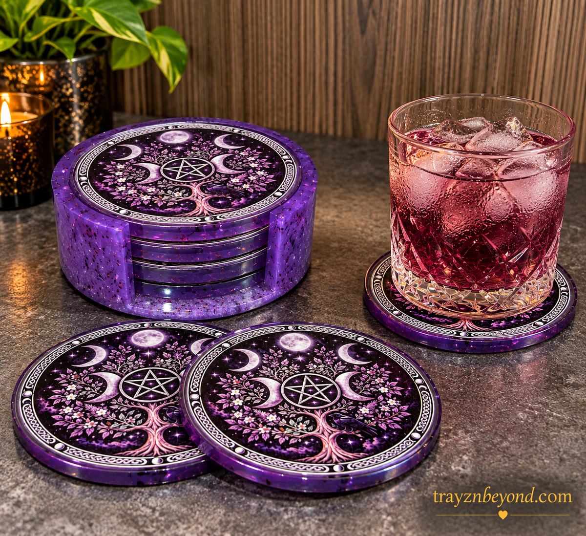 Celestial Moon Resin Coaster Set with Holder | Purple, Set of 4