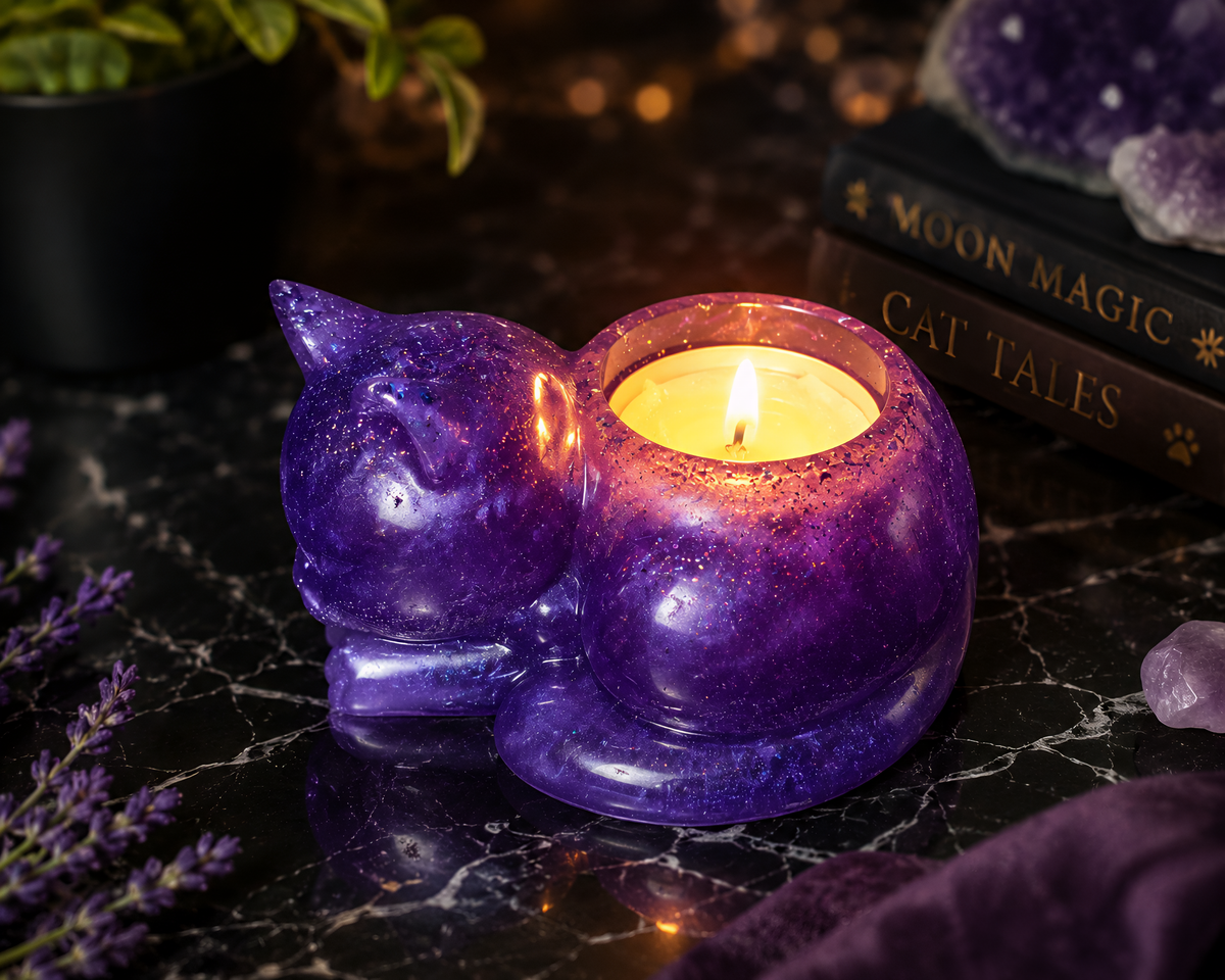 Mystic Cat Tea Light Candle Holder | Purple Galaxy Epoxy Resin