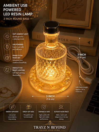 Gold Flake Ambient USB LED Resin Lamp Base — 3 Inch Round
