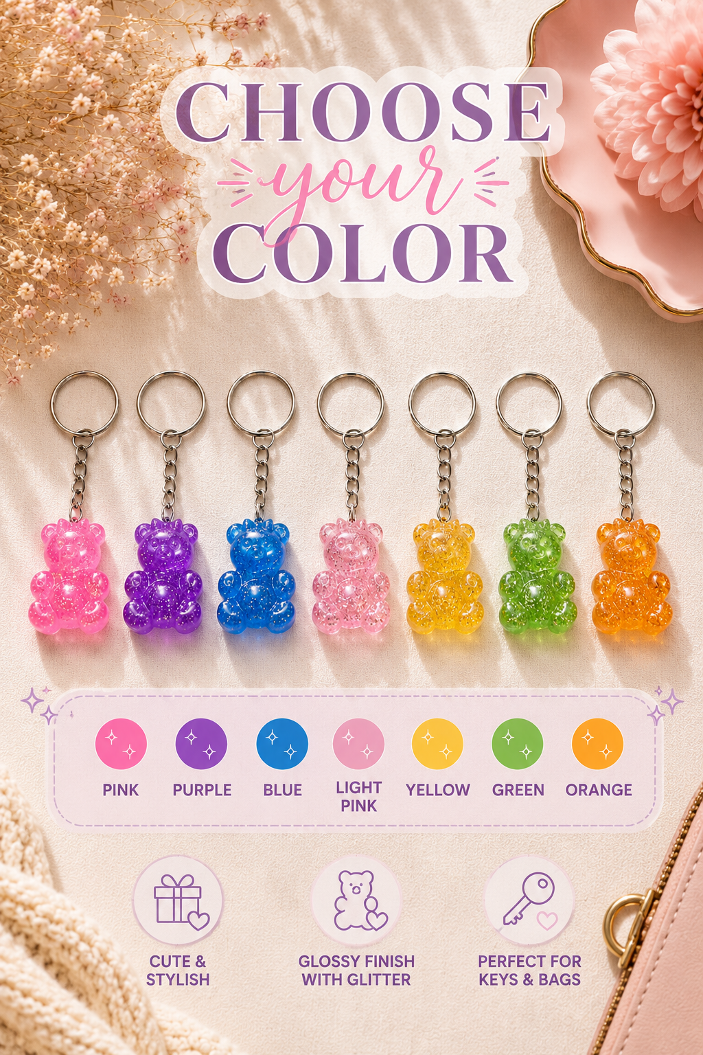 Custom Glitter Gummy Bear Keychain Charm