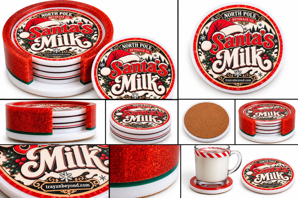 Santa’s Milk Christmas Coaster Set with Holder