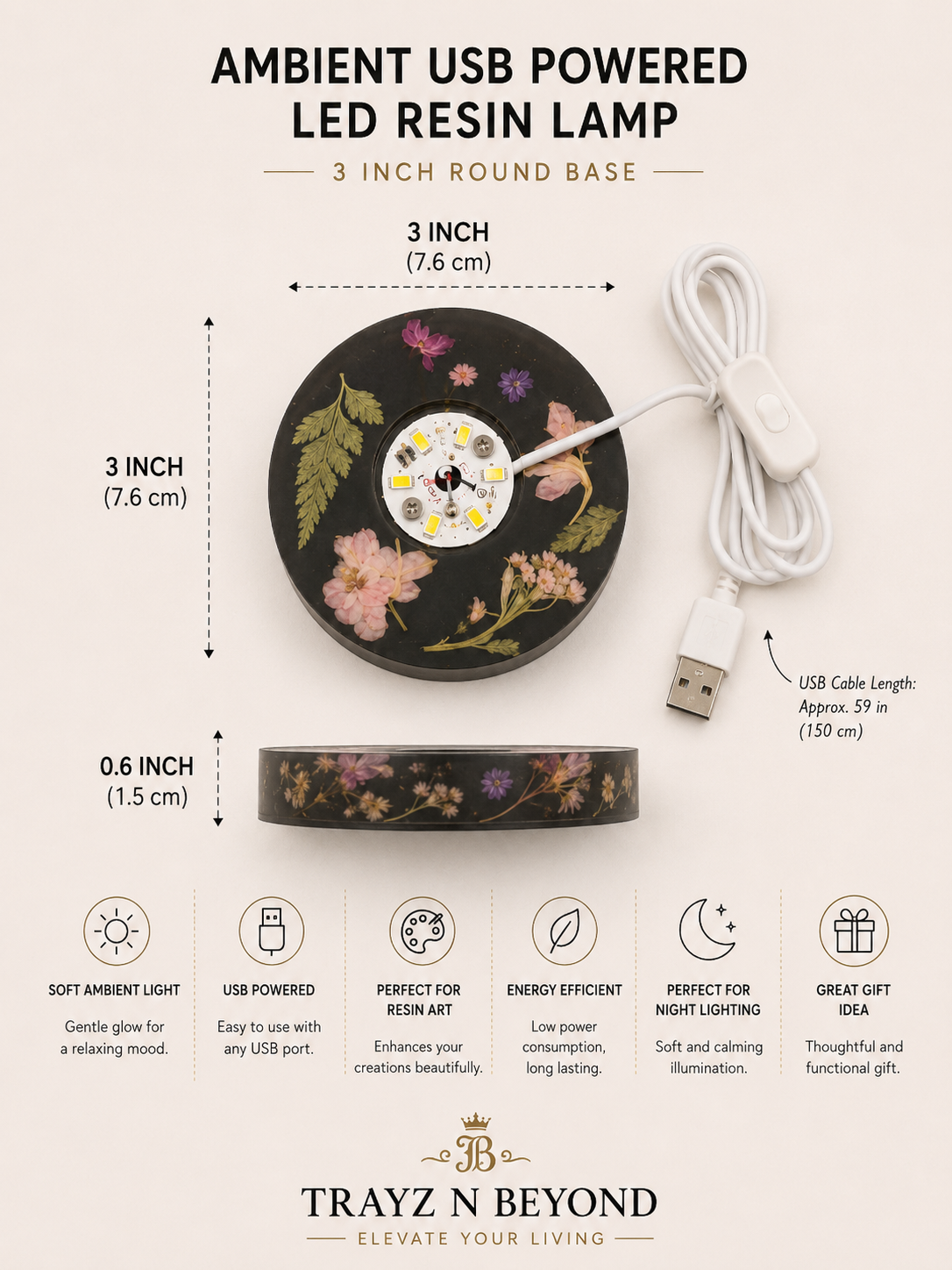 Pressed Floral Ambient USB LED Resin Lamp Base — 3 Inch Round