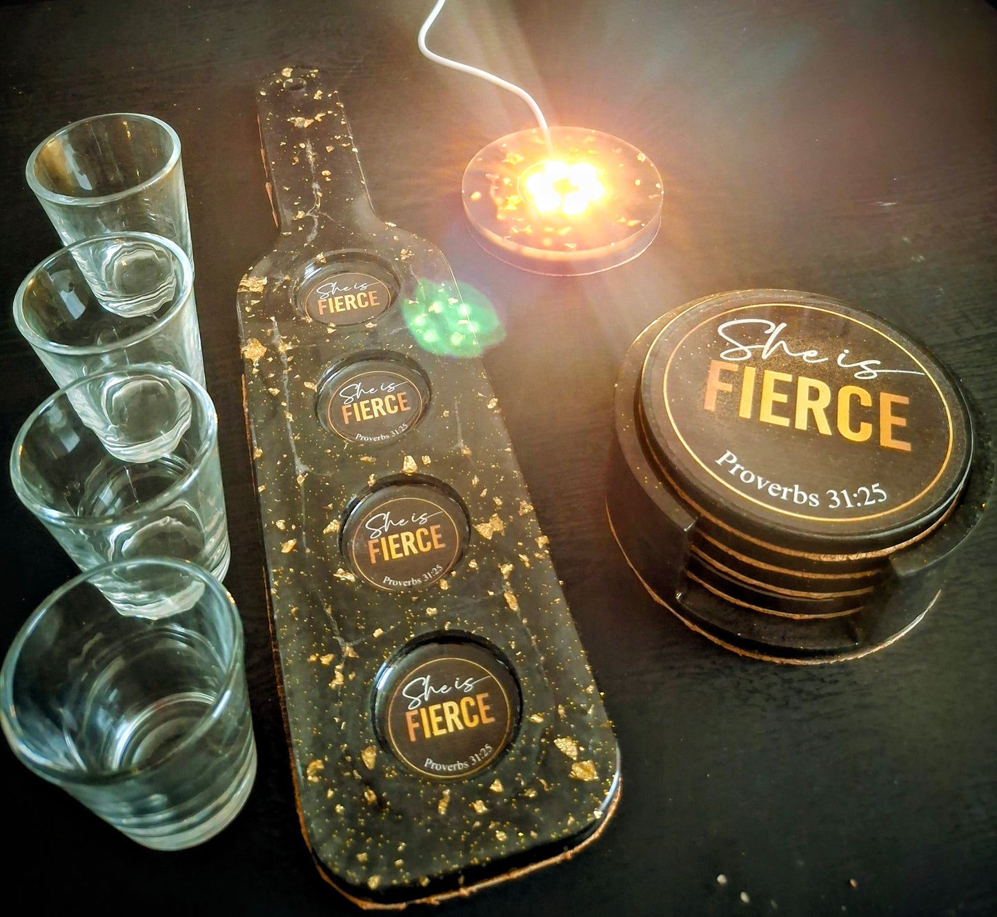 She Is Fierce – Luxury Handcrafted Shot Glass Tray Set | Proverbs 31:25