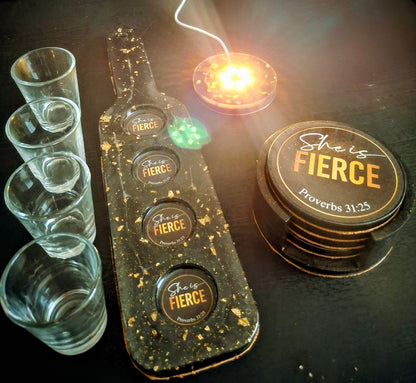 She Is Fierce – Luxury Handcrafted Shot Glass Tray Set | Proverbs 31:25