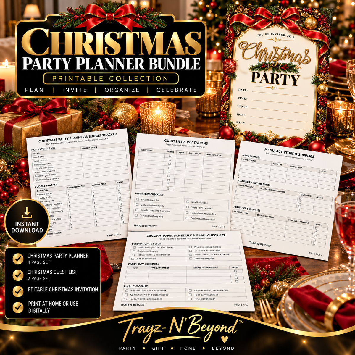 Christmas Party Planner & Editable Invitation Bundle