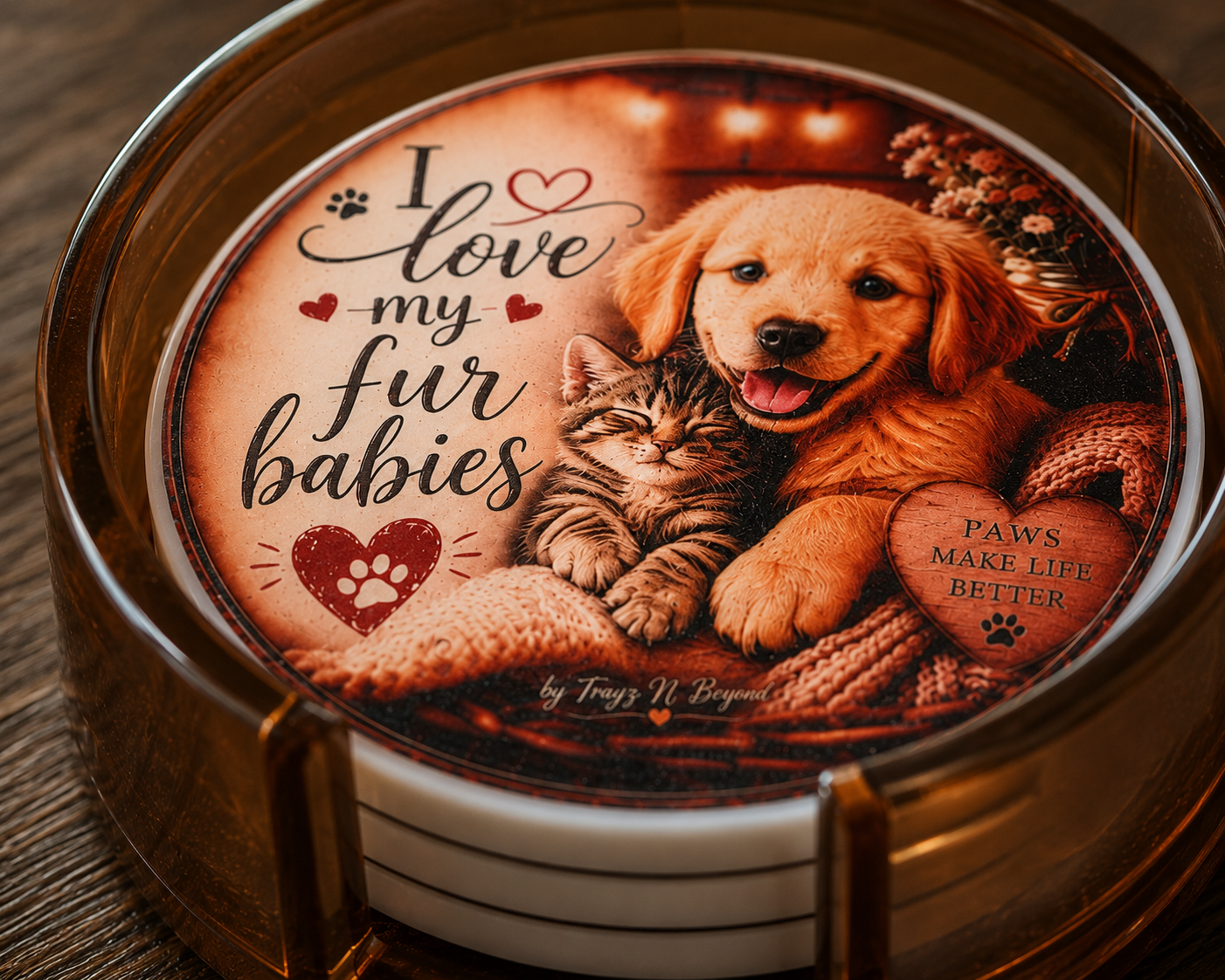 I Love My Fur Babies Epoxy Resin Coaster Set | Handmade Pet Lover Gift | 4 Coasters + Holder