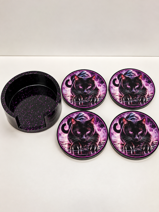 Midnight Cat Resin Coaster Set with Holder – 4 Coasters