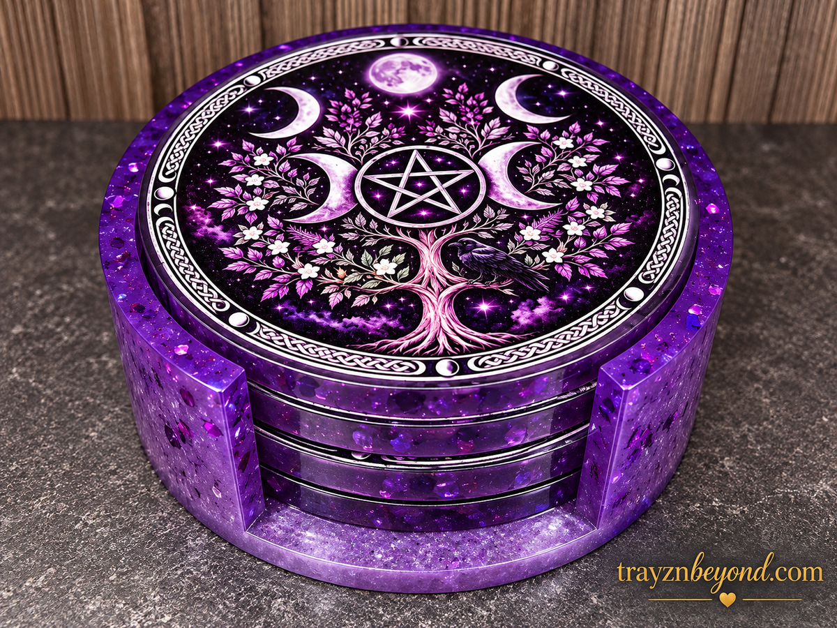 Celestial Moon Resin Coaster Set with Holder | Purple, Set of 4
