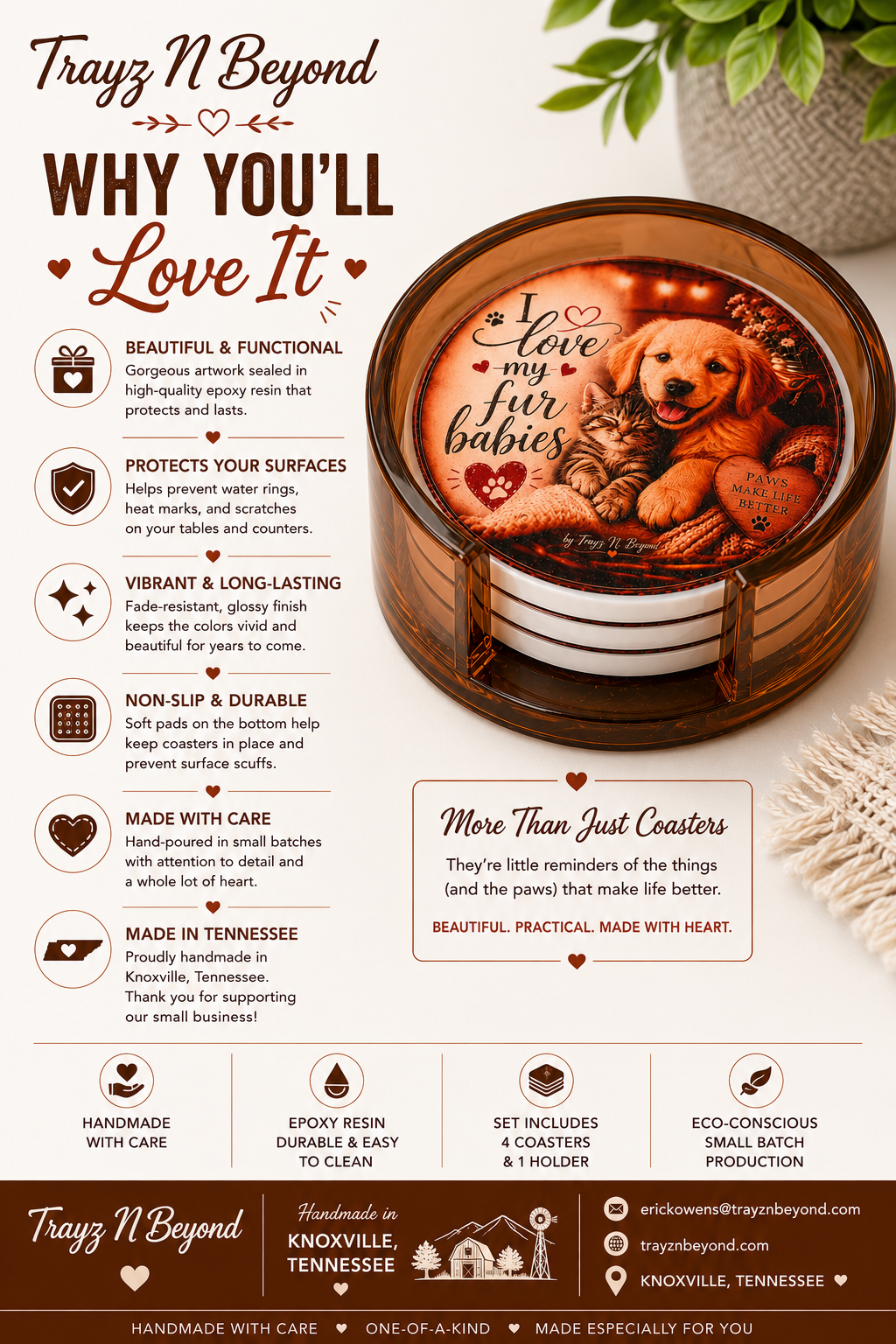 I Love My Fur Babies Epoxy Resin Coaster Set | Handmade Pet Lover Gift | 4 Coasters + Holder