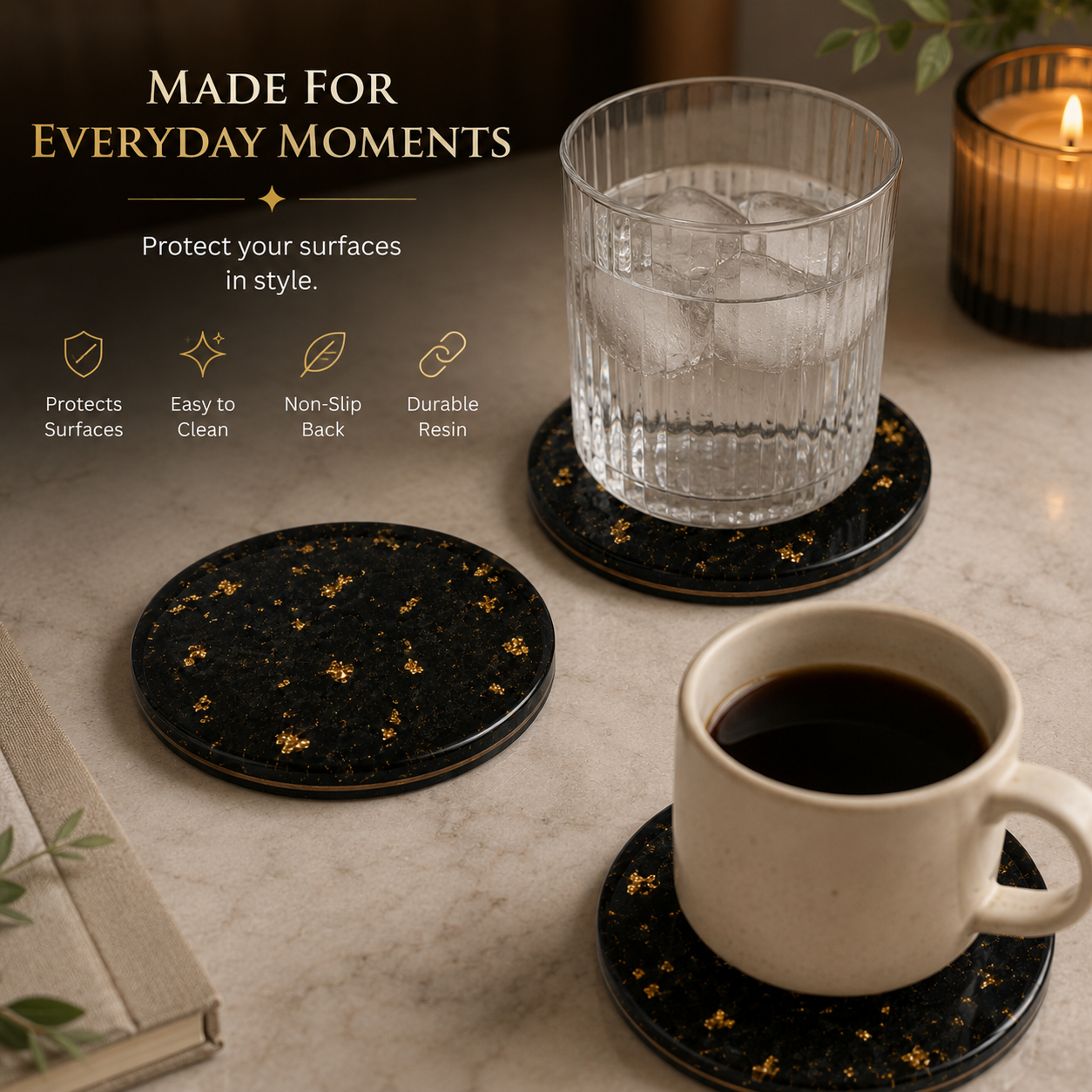 Black & Gold Flake Coaster Set