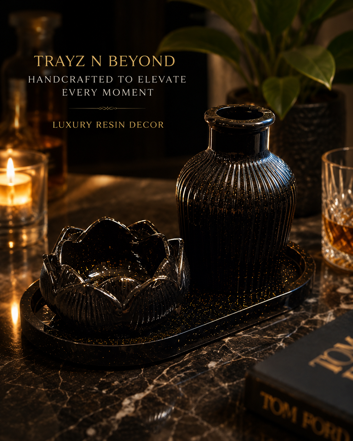 Black Obsidian Luxury Décor Set | Candle, Vase & Tray