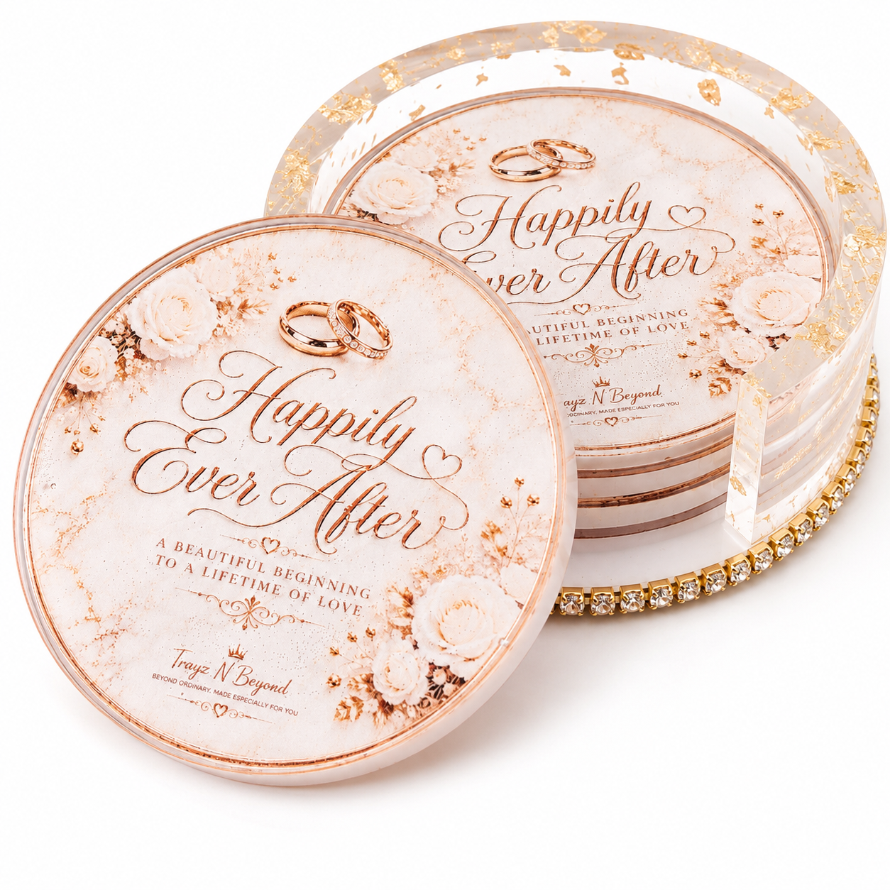 Happily Ever After Epoxy Resin Coaster Set | Wedding & Anniversary Gift | 4 Coasters + Rhinestone Holder | Handmade in Tennessee